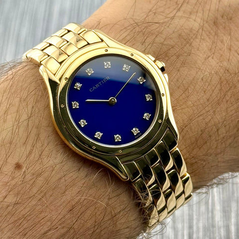 Cartier Cougar Ref. 887905 | Factory Blue Enamel (Emaille) Dia Dial | 18k Yellow Gold | 114.45 gr. | 33mm | Top