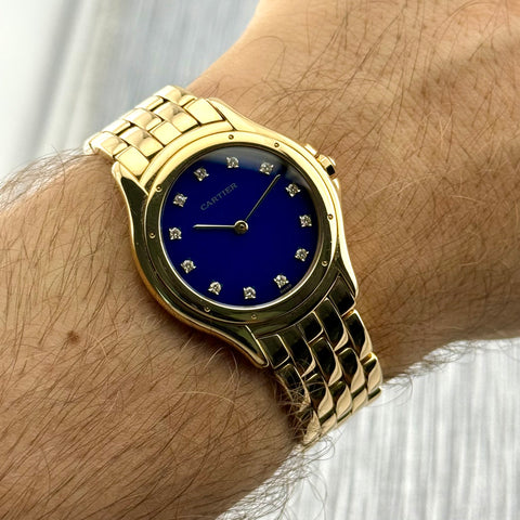 Cartier Cougar Ref. 887905 | Factory Blue Enamel (Emaille) Dia Dial | 18k Yellow Gold | 114.45 gr. | 33mm | Top