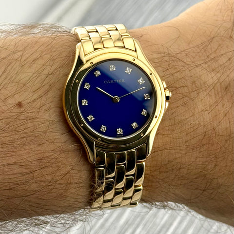 Cartier Cougar Ref. 887905 | Factory Blue Enamel (Emaille) Dia Dial | 18k Yellow Gold | 114.45 gr. | 33mm | Top