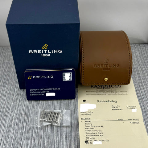 Breitling Super Chronomat B01 Chronograph Ref. AB0136161C1A1 | Full-Set 2021 | Blue Dial | Erstkaufrechnung | 44mm | Keramik Lünette | Top